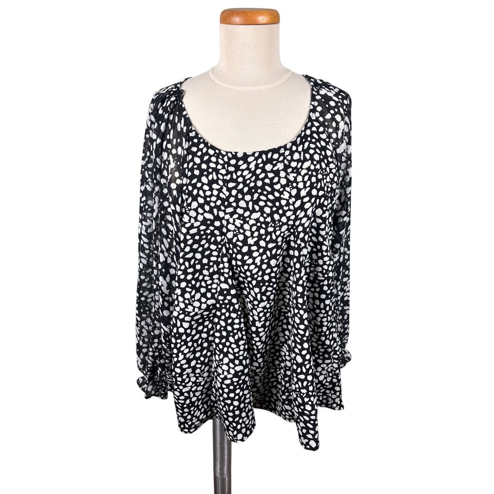 UMGEE USA Women Size Large Black White Loose Dalmatian Balloon Ruffle Sleeve Top